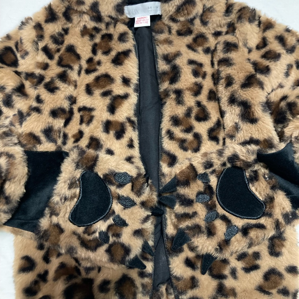 Zara Girls' Faux Fur Leopard Pea Coat - Brown & Black